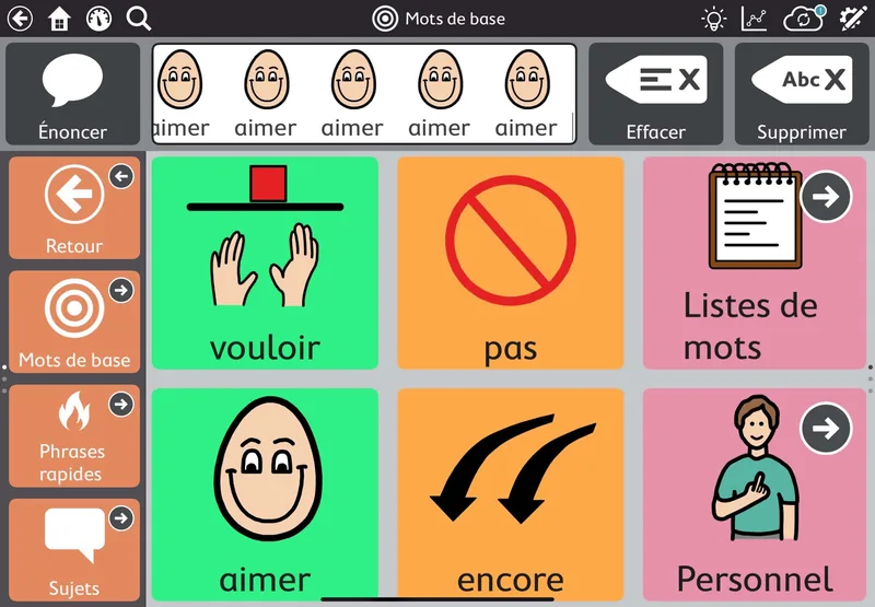 Un tableau de langage assisté sur tablette, avec les pictogrammes « vouloir », « pas », « aimer » et « encore »