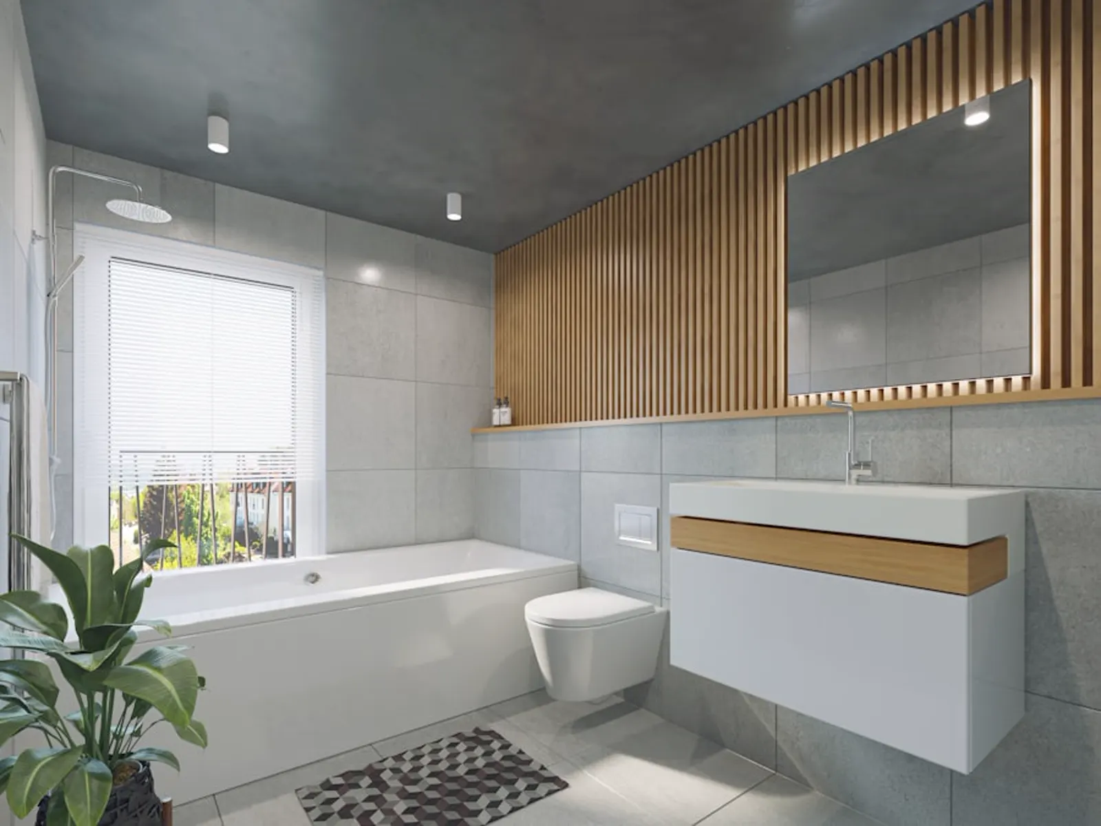 Salle de bain avec claustra bois et vasque suspendue